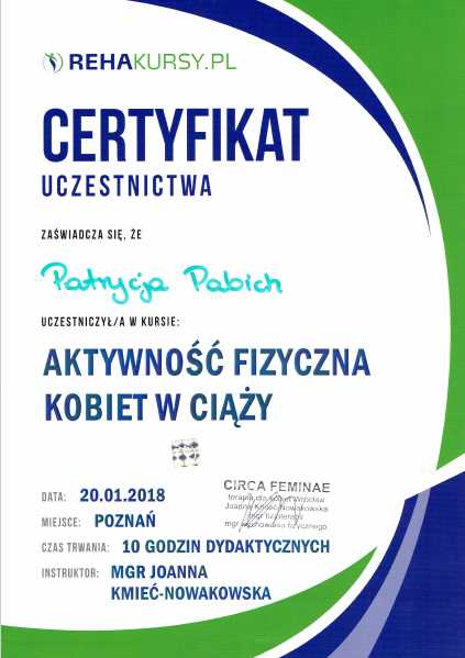 Aktywność fizyczna kobiet w ciąży Certyfikat Patrycja Pabich