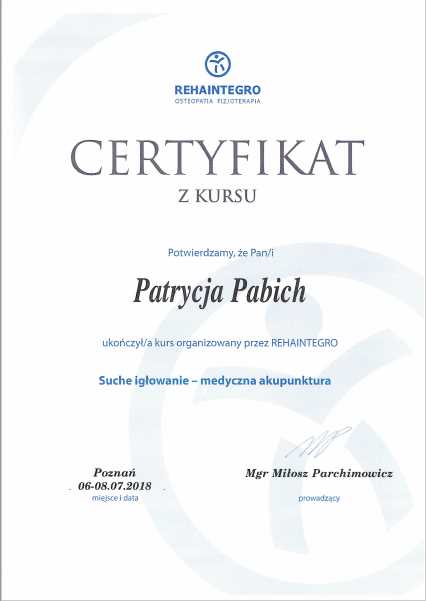 Suche igłowanie Certyfikat Patrycja Pabich