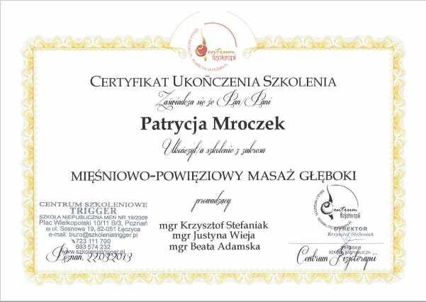 mięśniowo-powięziowy masaż głęboki Certyfikat Patrycja Pabich